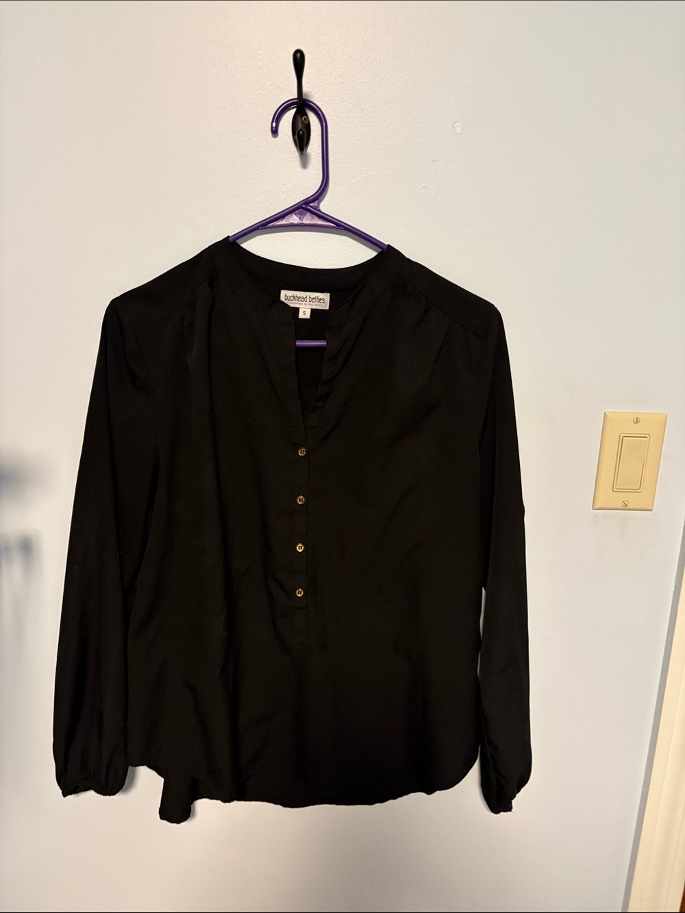 Black Split-Neck Long Sleeve Blouse